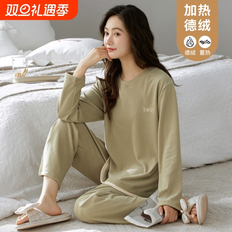 睡衣春秋季女款保暖德绒大码套装2025新款女士长袖套头薄绒家居服