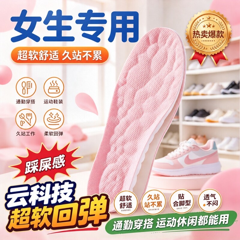 女士鞋垫软弹防痛吸汗防臭透气踩屎感运动减震软底加厚久站舒适