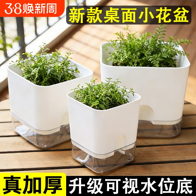 懒人花盆自动吸水盆正方形绿萝多肉塑料透明盆自吸水精致室内桌面