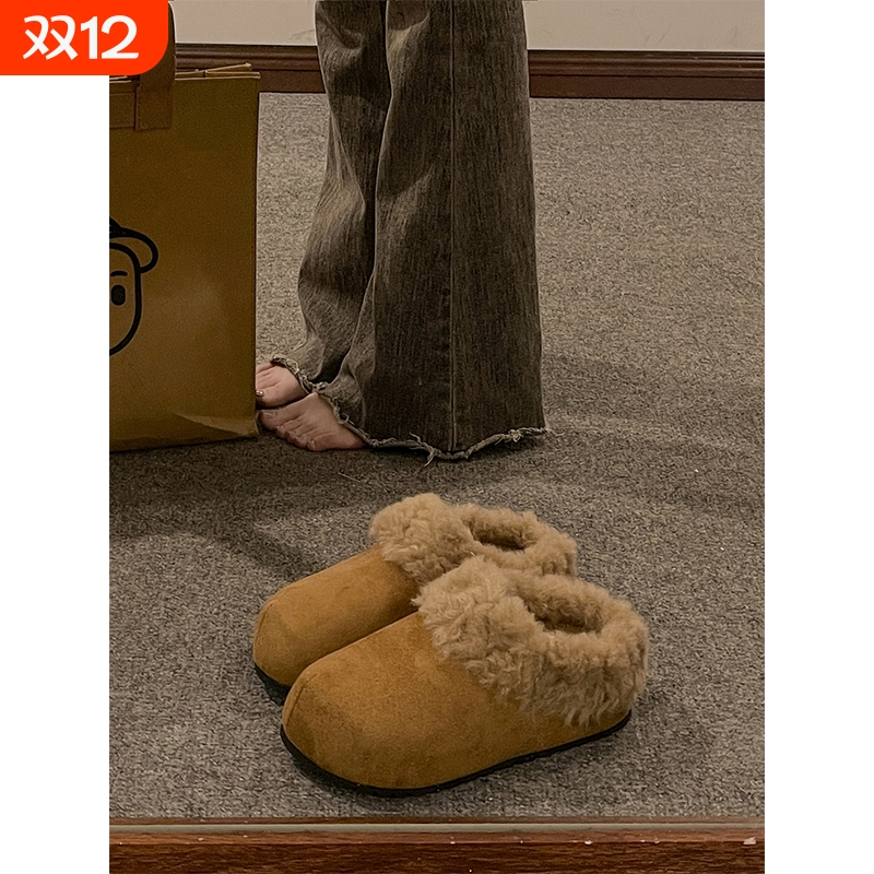 厚底内增高勃肯毛毛拖鞋女外穿2025新款秋冬季加绒保暖包头半拖鞋