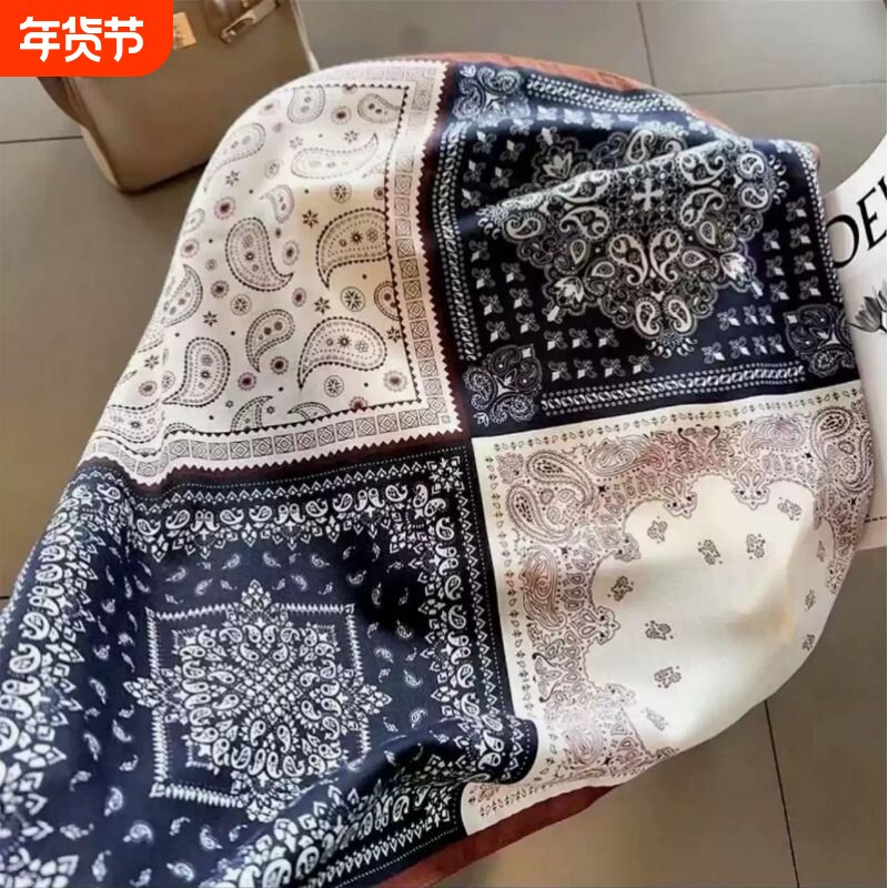 复古四格腰果70丝巾棉麻高级搭配新款方巾洋气时尚围巾衬衫领巾