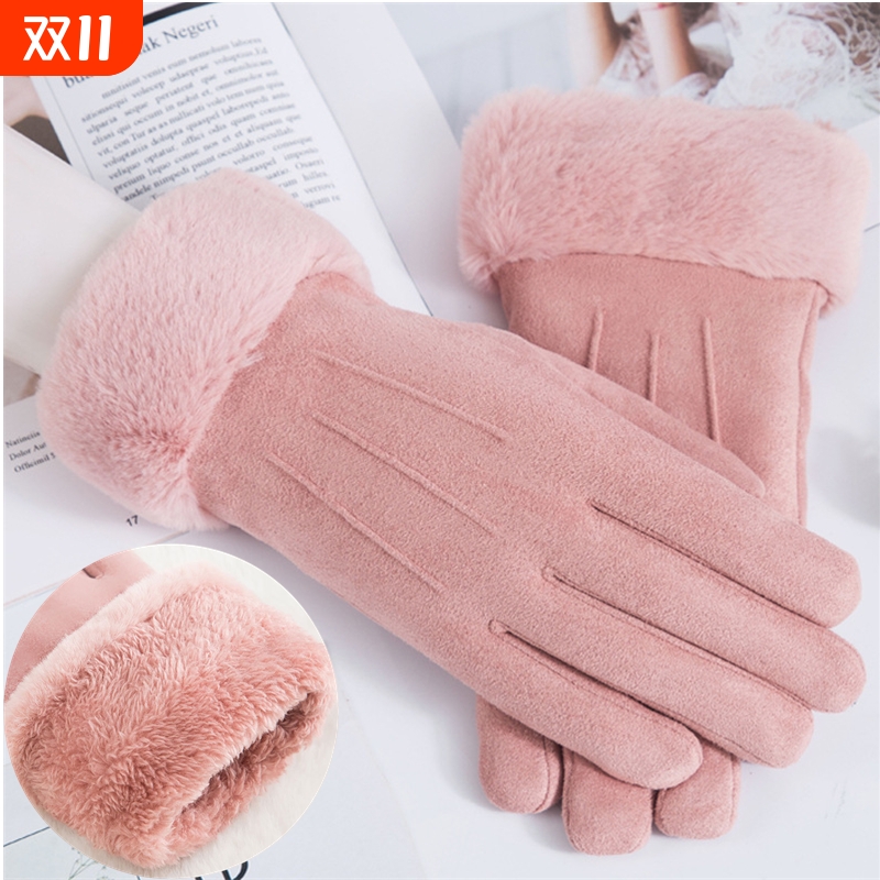 冬季手套女士麂皮绒保暖加绒加厚触屏防风防寒防水可爱韩版骑电车