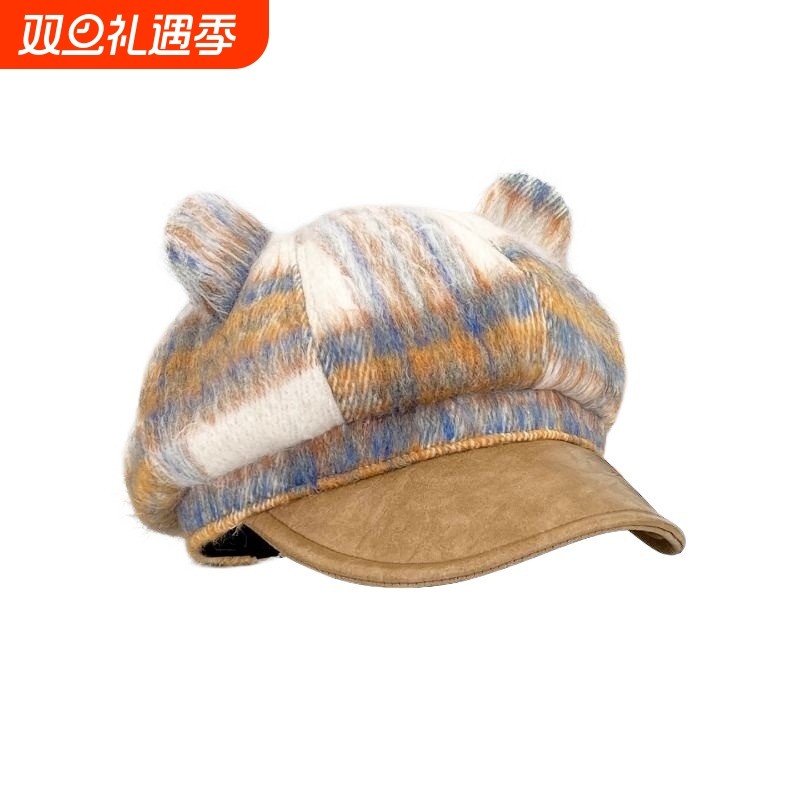 羊毛呢护耳棒球帽女加绒加厚鸭舌帽毛绒帽子八角冬季棕色格子紫色