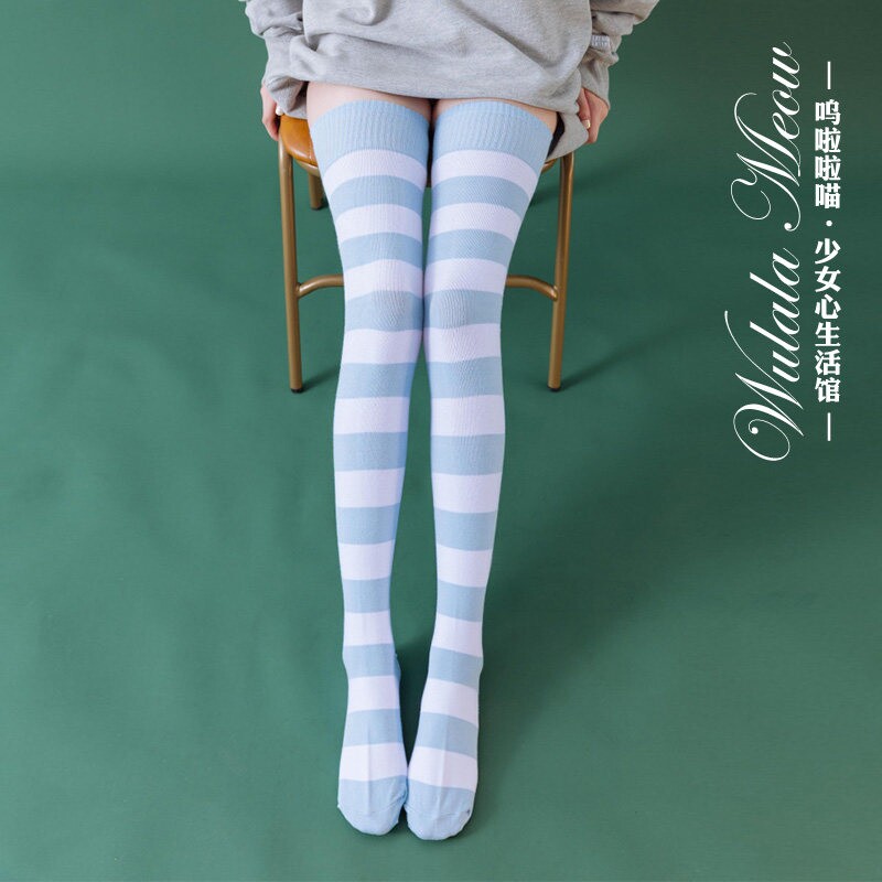 70厘米蓝白条纹过膝袜 日系二次元动漫袜 大腿袜 COSPLAY