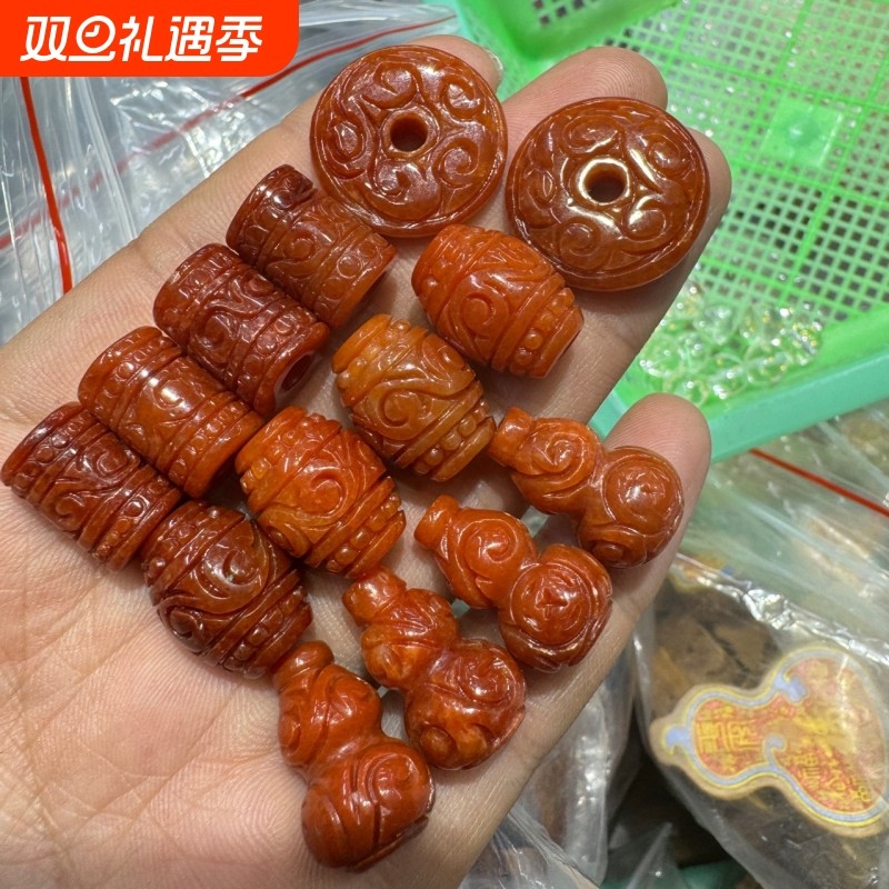 DIY饰品配件红翡翠雕花翠玉筒珠散珠 铁龙山翠玉筒珠散批