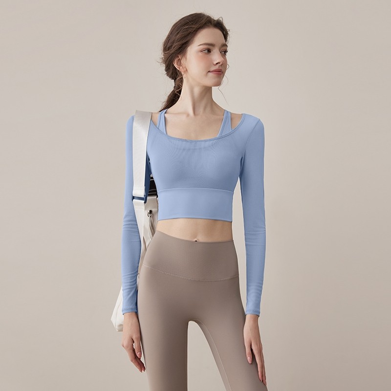 瑜伽服女款秋冬新款带胸垫性感跑步健身紧身一体杯长袖上衣运动女