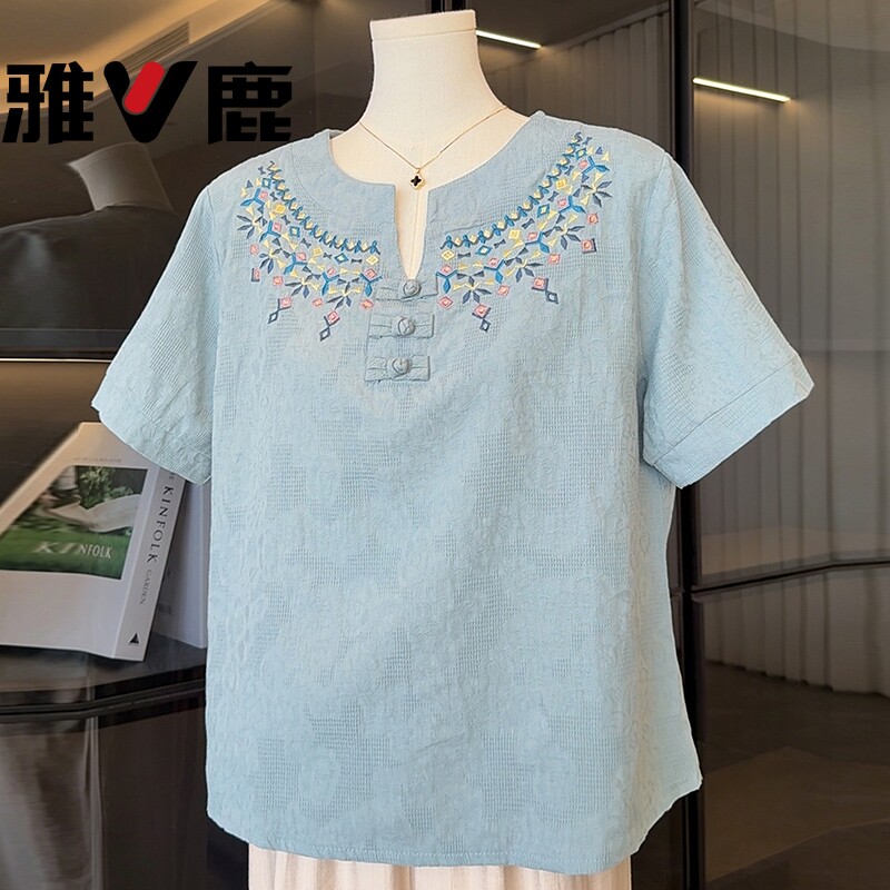 雅鹿妈妈国风夏装2026新款洋气套装中老年女装夏季新中式短袖T恤