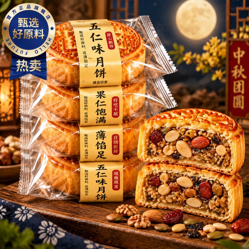 广式五仁月饼老式胖豆沙蛋黄莲蓉东无糖传统来中秋送礼官方旗舰店