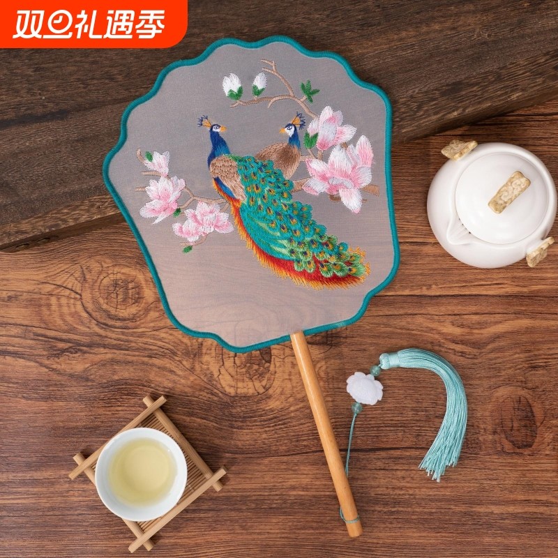 双面绣古风圆扇刺绣团扇凤冠枝头孔雀汉服专用苏绣百搭舞蹈扇