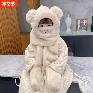 儿童帽子冬季保暖女童毛绒帽围巾一体帽新款挡风口罩手套男宝宝帽