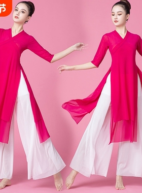 古典舞纱衣长款舞蹈练功汉服装演出显瘦阔腿裤女身韵双层飘逸纱衣
