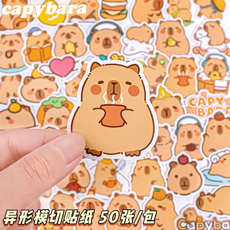 卡皮巴拉贴纸防水可爱手账素材贴画高颜值卡通水豚女孩儿童咕卡封口贴水杯装饰小图案diy粘贴卡套行李箱电脑