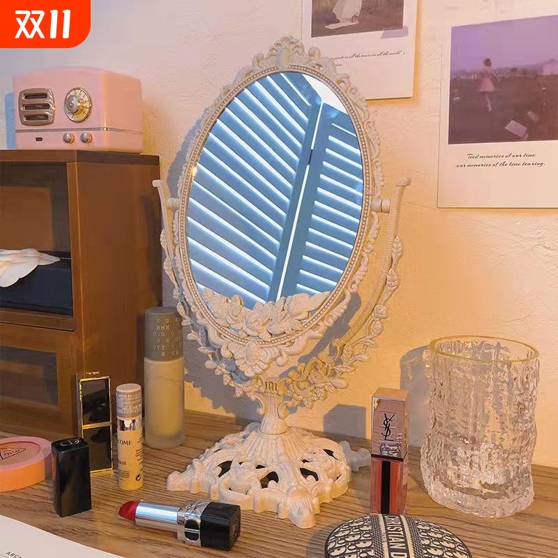 复古镜子ins化妆镜桌面便携双面镜学生宿舍立式可旋转欧式梳妆镜