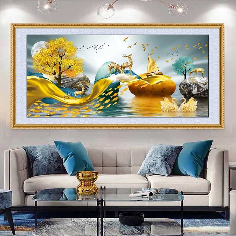 北欧轻奢福鹿双全客厅装饰画大气风水画电视背景墙贴画自粘贴纸画图片