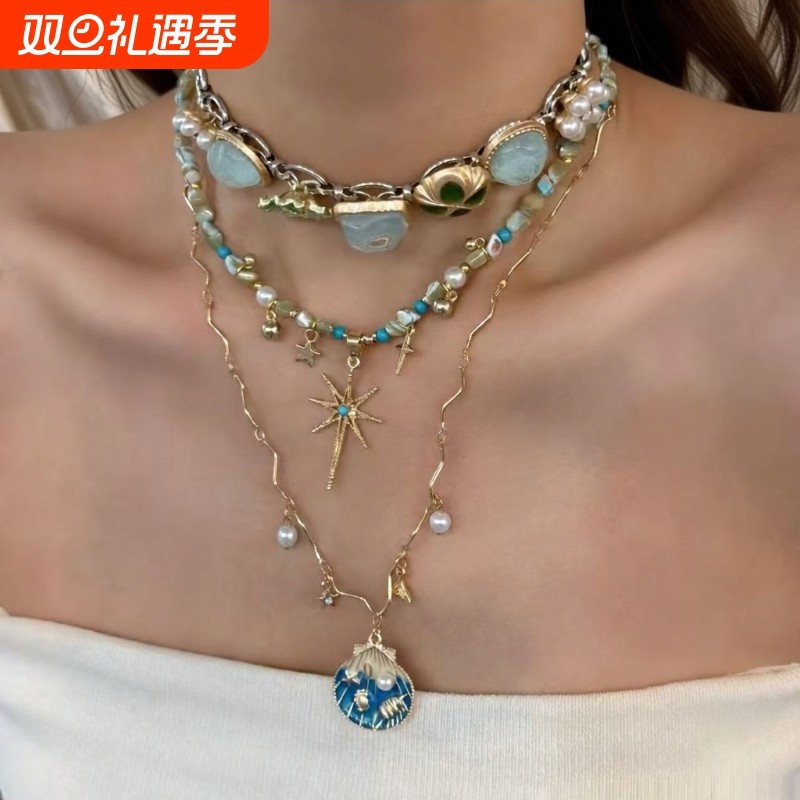 古着vintage项链蓝金色贝壳星芒串珠项链叠戴小众轻奢时尚复古风