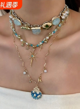 古着vintage项链蓝金色贝壳星芒串珠项链叠戴小众轻奢时尚复古风