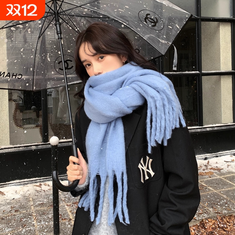 蓝色围巾女冬季韩版百搭氛围感保暖防寒时尚毛绒流苏软糯针织围脖