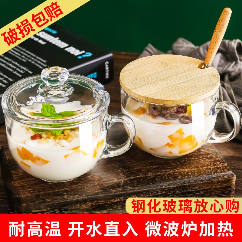 大容量早餐杯带盖勺玻璃杯子家用带把酸奶燕麦牛奶泡麦片碗女水杯