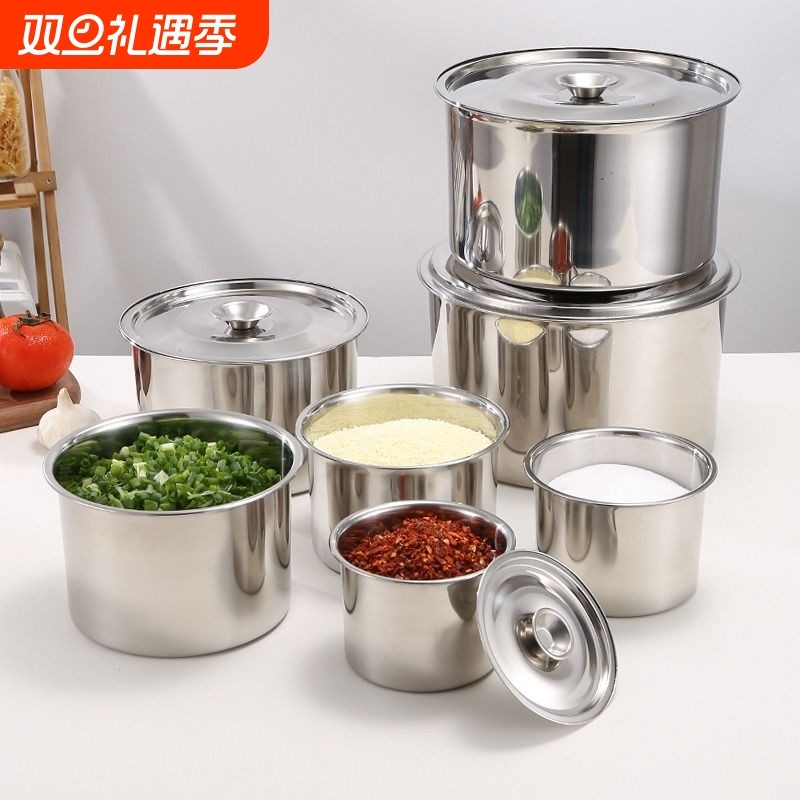 带盖不锈钢调料罐料缸调味缸味盅圆形加厚厨房调料缸盐罐味盅