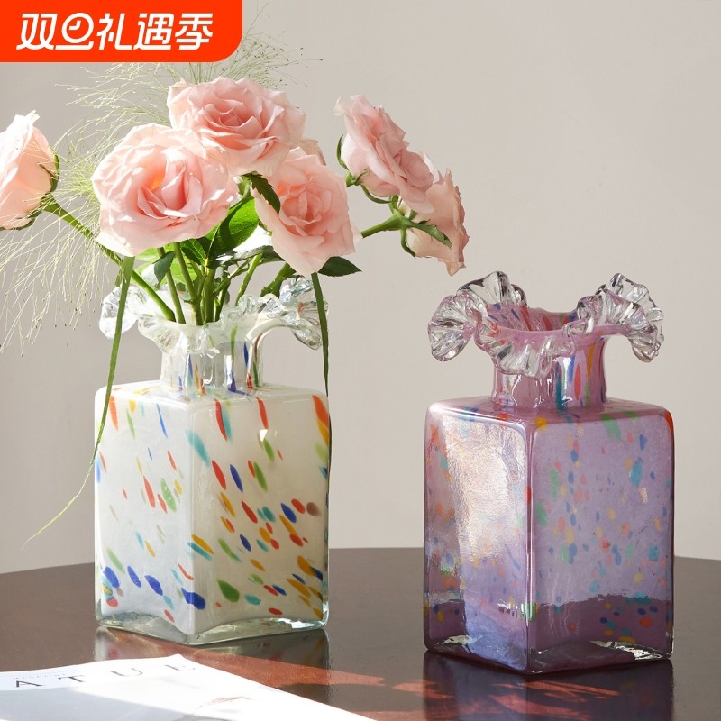 中古芬顿花瓶厅水璃养插鲜花客高级感轻奢玻白色创意摆件法式