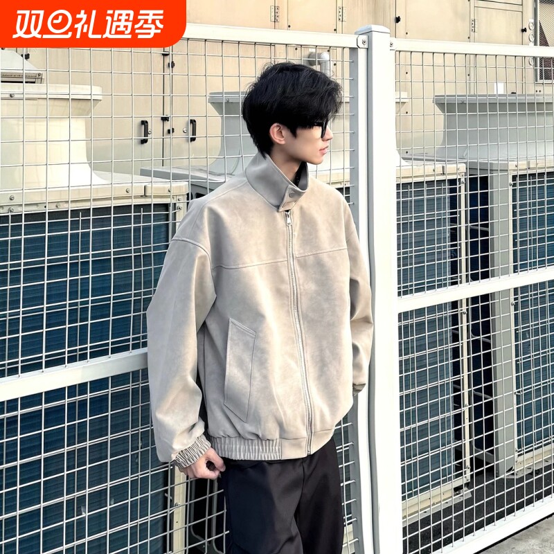 美式复古扎染PU冲锋衣男高级感立领机车户外套春秋痞帅保暖上衣