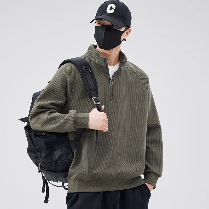 HIGH-QUALITY HALF-ZIPPER SWEATSHIRT MENS SPRING AUTUMN AND WINTER 2025 LOOSE TRENDY BRAND PULLOVER STAND-UP COLLAR UNDERSHIRT PLUS FLEECE TRAINING