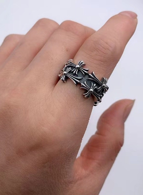 克罗伈双层十字架花戒指复古ins男女foreven情侣对戒百搭指环