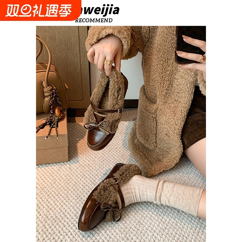 复古加绒深口小皮鞋女2025秋冬新款毛毛鞋豆豆乐福鞋单鞋保暖棉鞋