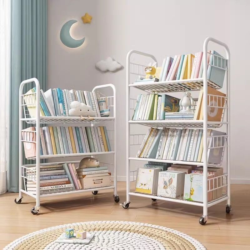 儿童书架铁艺绘本架宝宝收纳架一体家用简易书柜可移动置物架落地