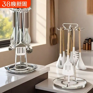 不锈钢旋转锅铲架厨房置物架台面厨房挂架立式铲汤炒勺挂钩收纳架