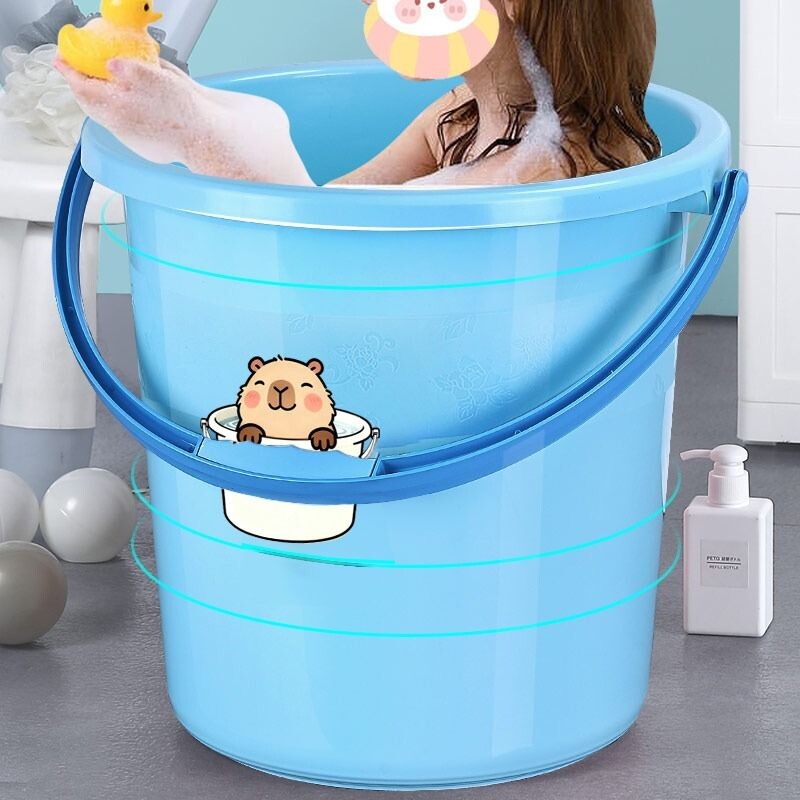 储水加厚塑料水桶家用储水桶圆形桶盆套特大号加高大容量蓝色套装