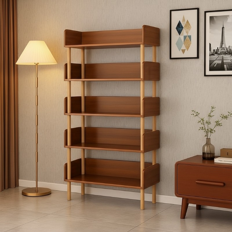 书架置物架落地一体靠墙收纳架实木色储物架家用学生多层书柜摆放