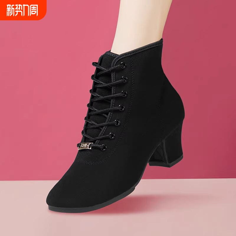 秋冬新款女士高帮舞蹈鞋交谊舞广场舞鞋黑色加绒成人软底跳舞鞋