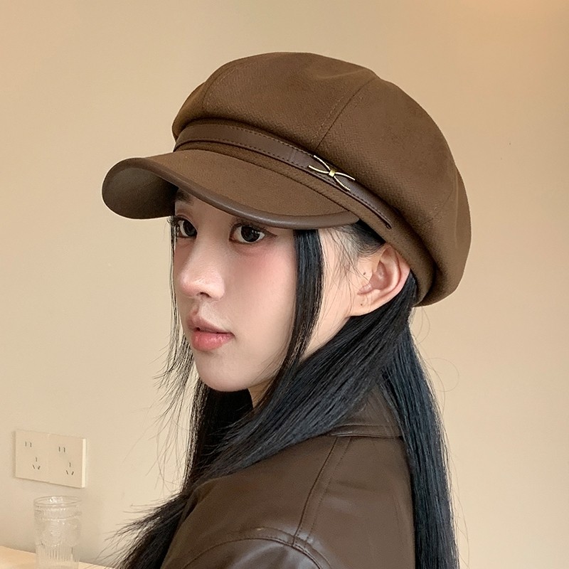 八角贝雷帽女春秋款时尚皮复古报童帽画家帽潮毛呢黑色咖色角帽