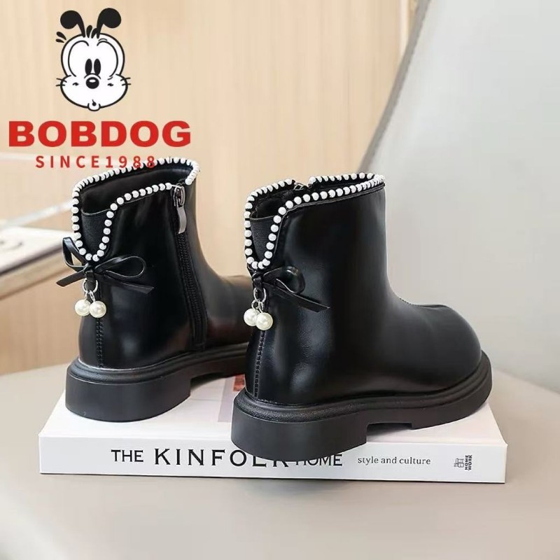 巴布豆女童靴子蝴蝶结靴2025新款秋冬加绒儿童马丁皮靴珍珠单鞋
