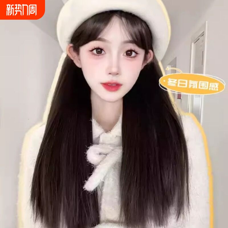 帽子假发一体时尚贝雷帽女款2023年秋冬款仿真发全真人发发帽一体