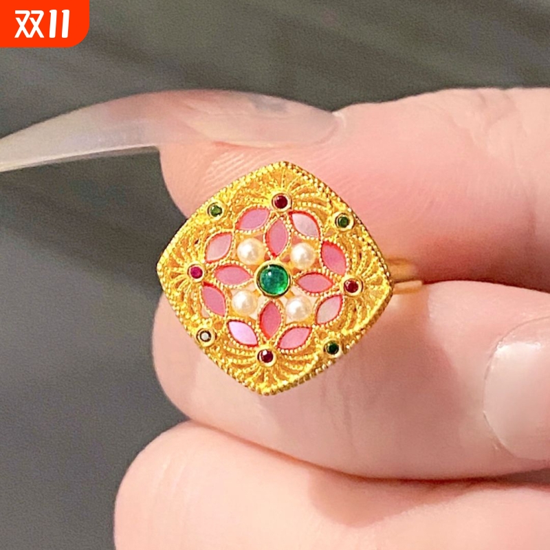 新中式宫廷风方形花瓣戒指女小众轻奢高级富贵气质指环开口可调节