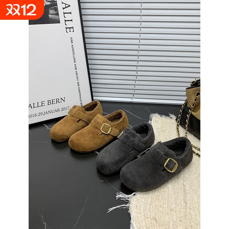 【韩小姐】经典款复古磨砂牛皮加绒勃肯鞋女2025秋冬新款保暖单鞋