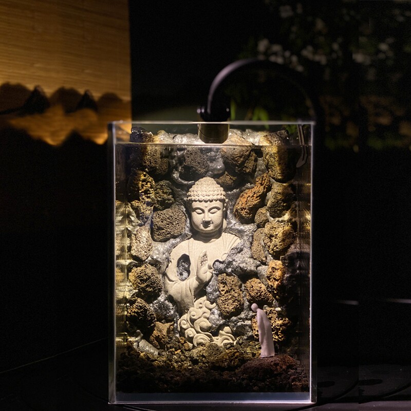玻璃鱼缸摆件客厅超白斗鱼缸月球创意造景夜灯全套桌面送礼生态缸