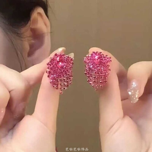 欧美时尚紫红色闪亮满钻短款流苏耳环女耳夹高级感轻奢气质耳饰品