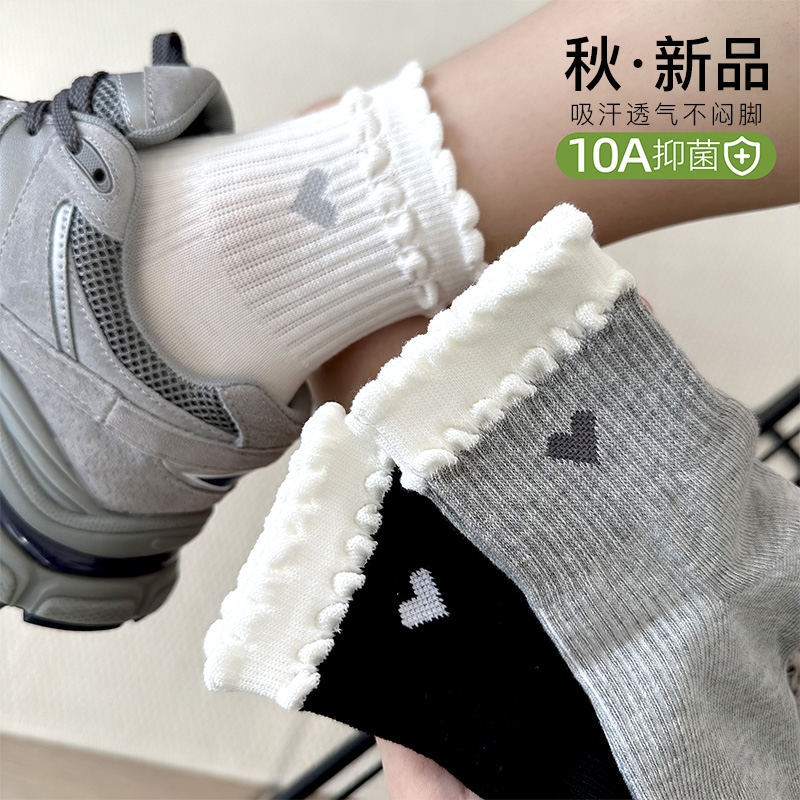 春秋款双层女袜花边中筒女士袜子可爱学院风百搭袜黑色吸汗白色