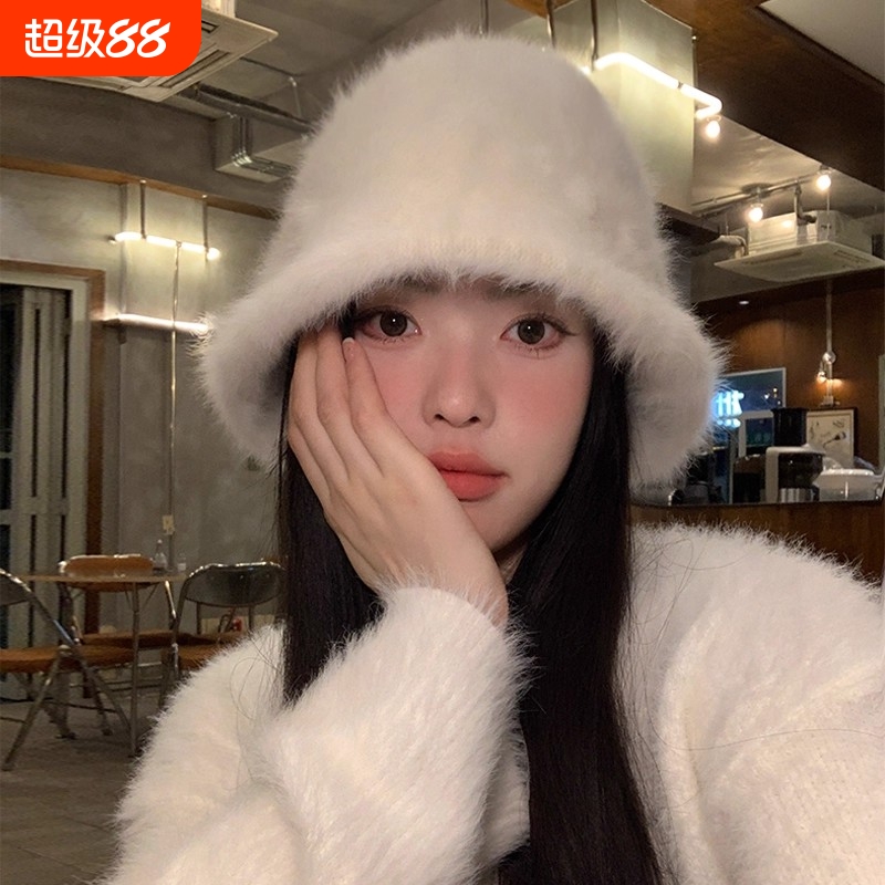 帽子女秋冬新款兔毛渔夫帽大头围百搭遮脸显脸小加绒水桶帽盆帽