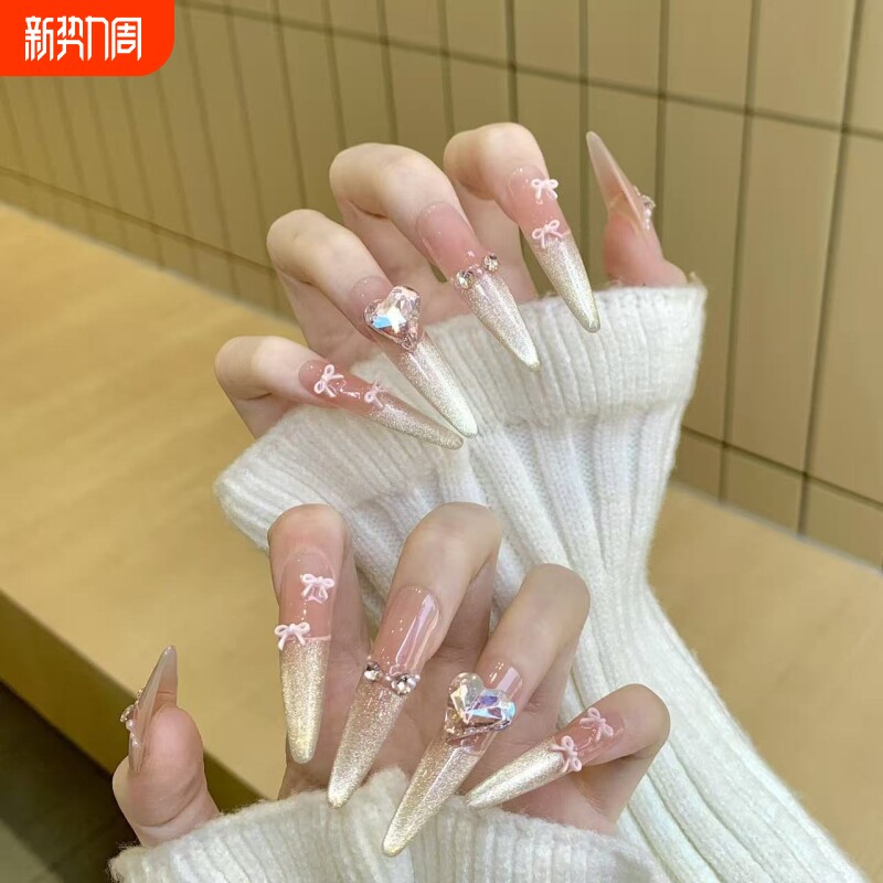 4.0细狗穿戴甲金色猫眼ins学生显白手工美甲法式新年黑皮蝴蝶春