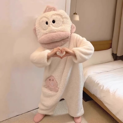 2025新款丑鱼儿童连体睡衣秋冬季珊瑚绒搞怪连帽睡袍加厚保暖女孩