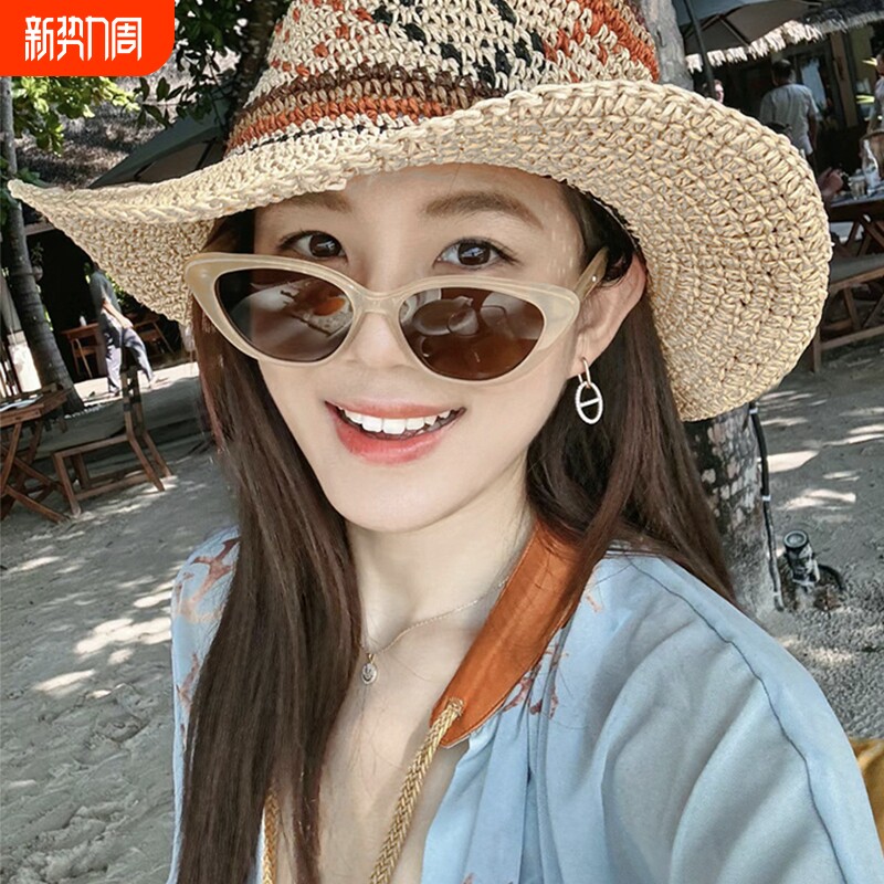 法式赫本风手工钩针拼色大檐草帽女夏季沙滩度假遮阳巴拿马礼帽