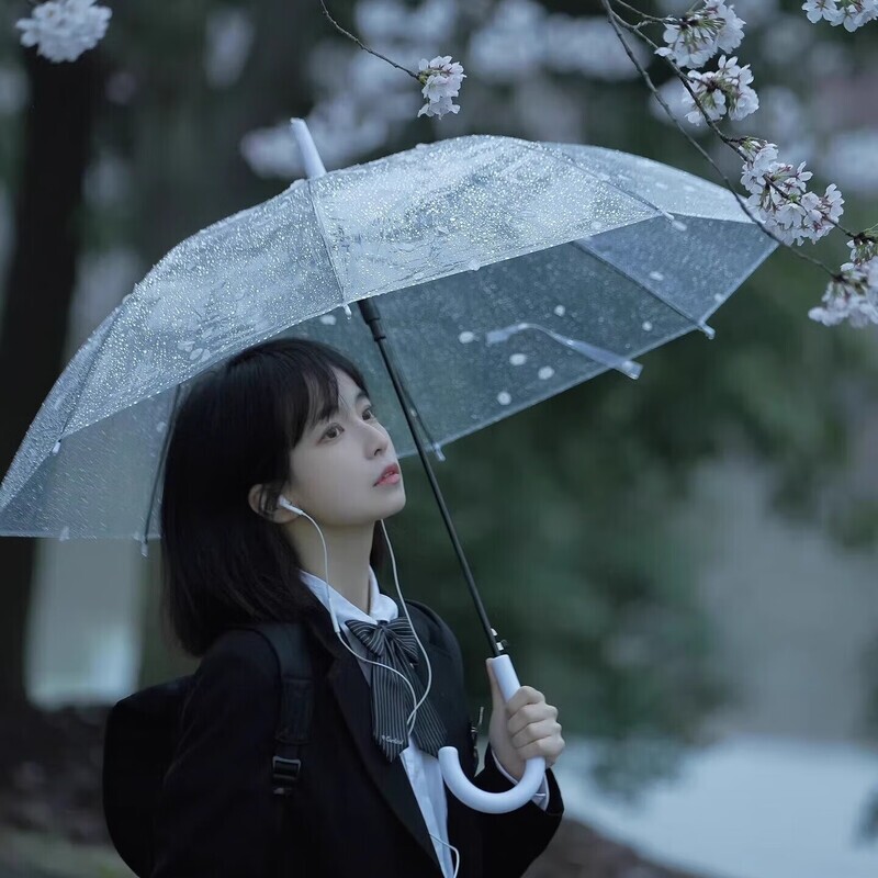 透明雨伞长柄手动女生高颜值家用便携学生上学专用情侣拍照出片男