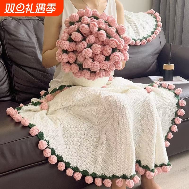 成品图片玫瑰花材料毯子办公室午睡花毯花束毛线手工编织闺蜜礼物
