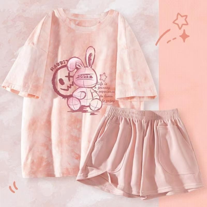 扎染短裤套装夏季短袖女夏休闲睡衣宽松带胸垫夏日穿搭防凸点薄款