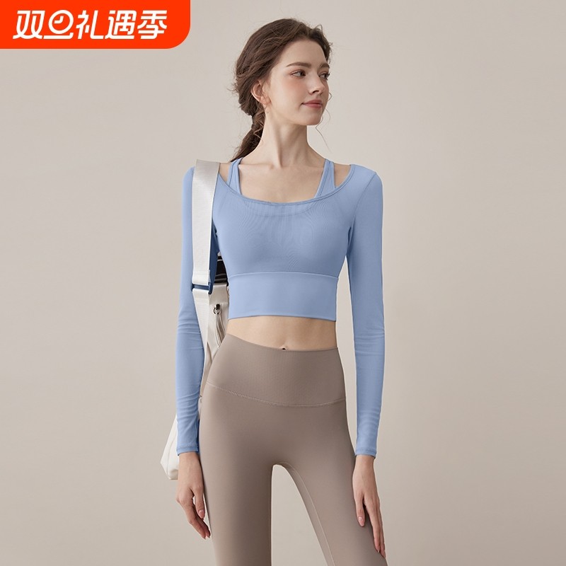 瑜伽服女款秋冬新款带胸垫性感跑步健身紧身一体杯长袖上衣运动女