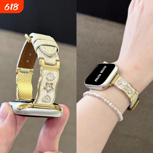 琉璃镶钻半镯适用苹果手表s10/11爱心星星水钻拼皮表带Applewatch9/8/7/6/5/4创意腕带智能运动配件
